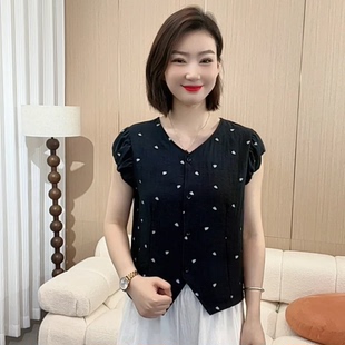 T恤女士洋气百搭显瘦气质简约上衣 夏季 新款 设计感V领时尚 印花无袖