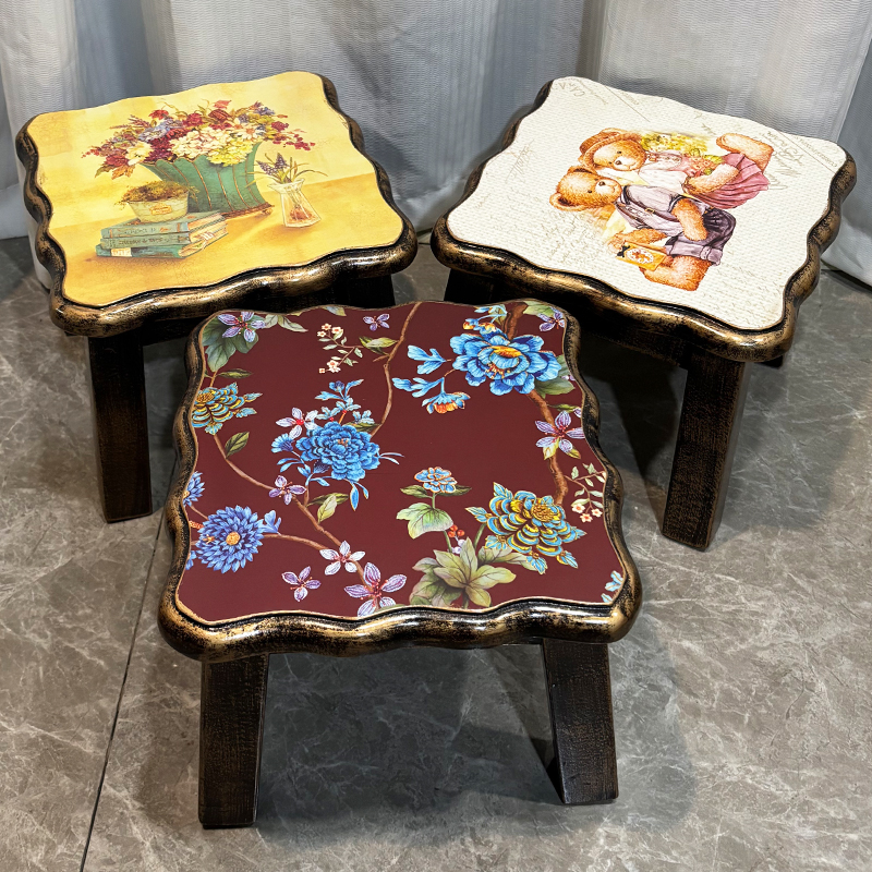 美式乡村家用小凳子仿古做旧实木茶几矮凳坚实耐用门口换鞋凳整装