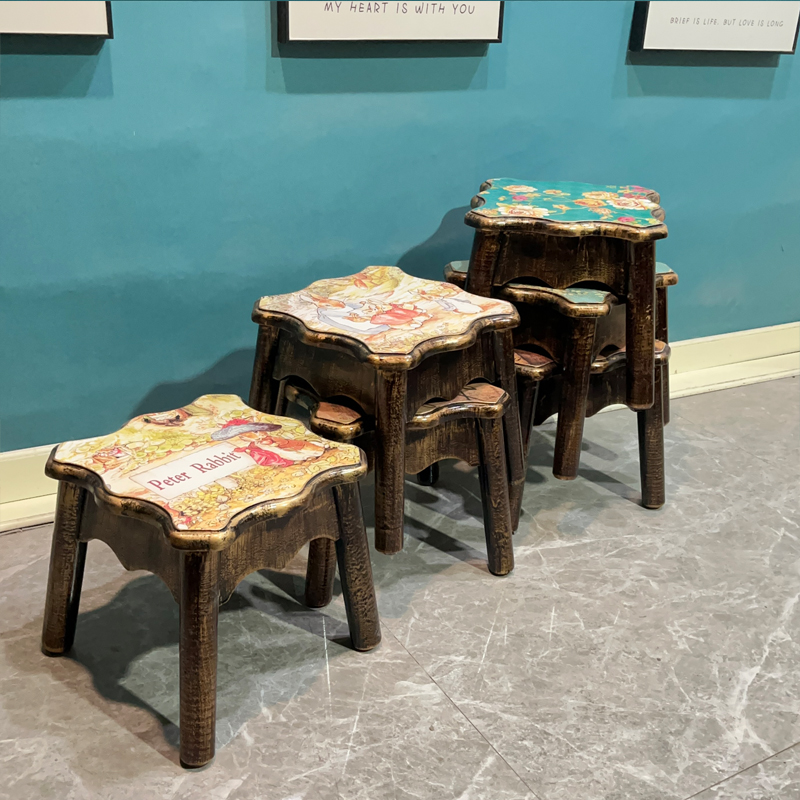 原木成人美式乡村重叠收纳小凳子