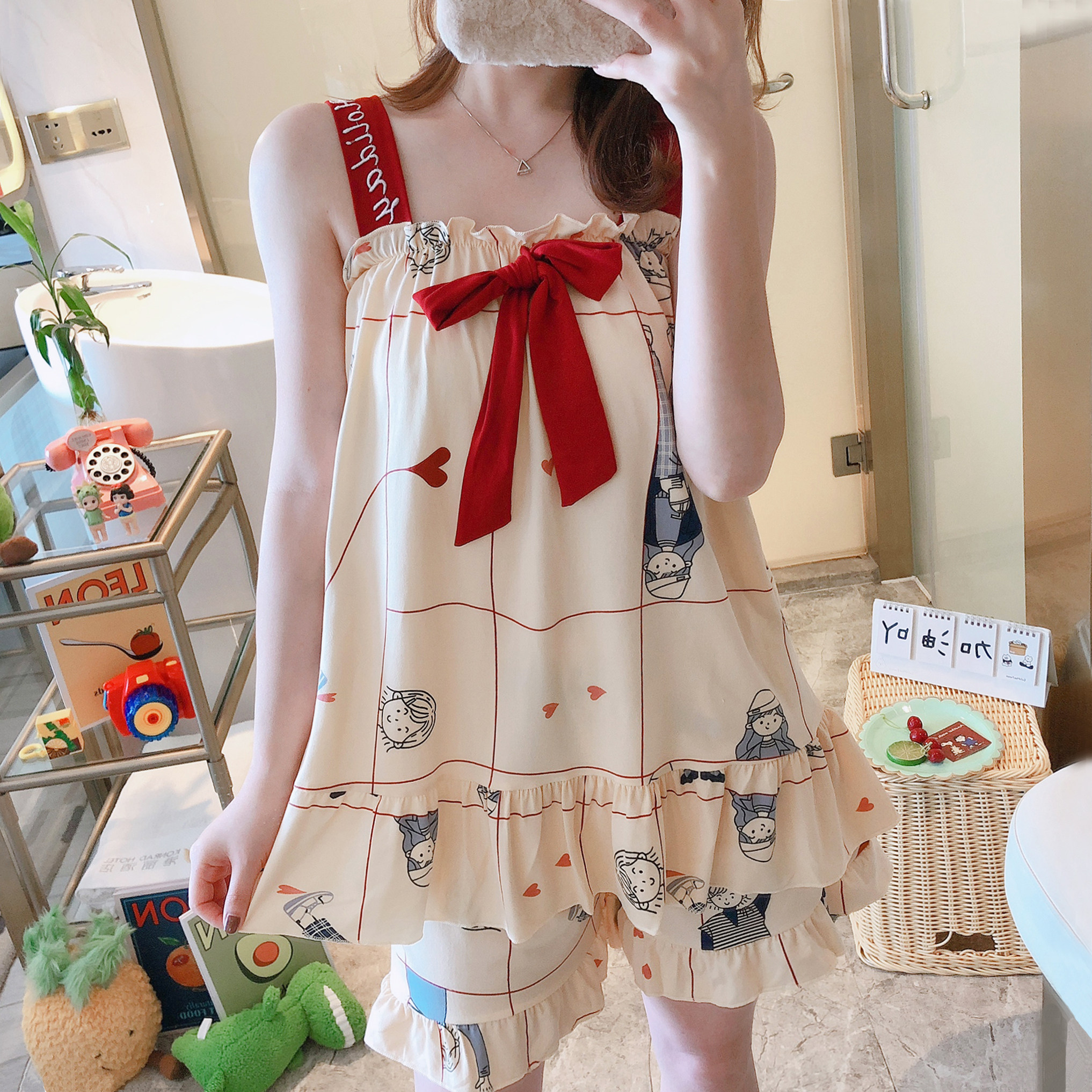 2022新款睡衣女夏季纯棉薄款可爱学生网红吊带短裤宽松家居服套装