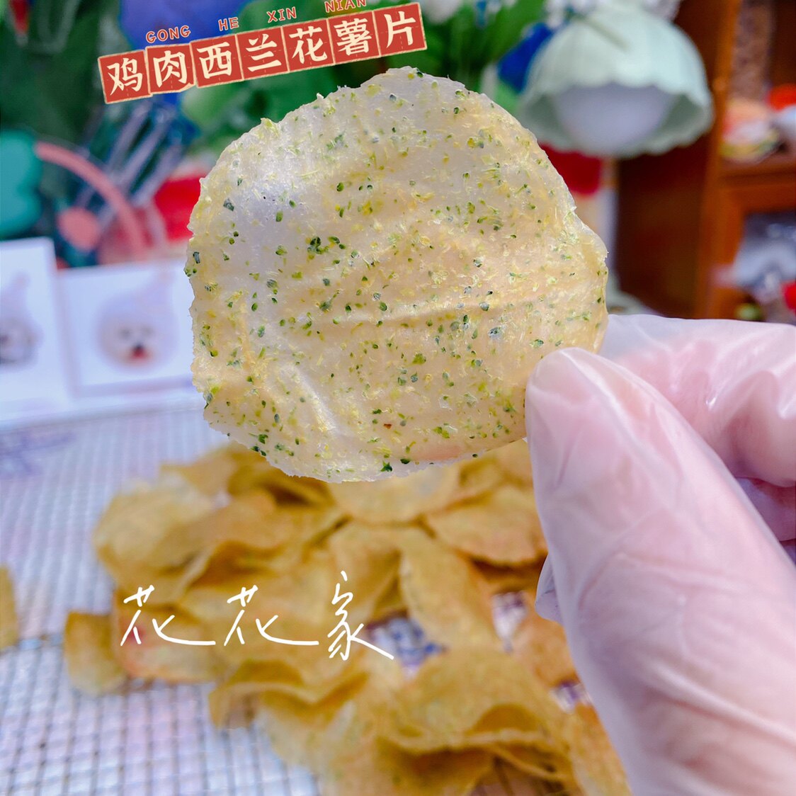 花麻麻自制手工泰迪比熊蔬菜营养西兰花狗狗零食鸡肉西兰花薯片