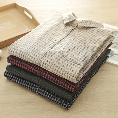 2025春季韩范小清新简约格子双层棉纱衬衫女长袖宽松打底衫学生潮