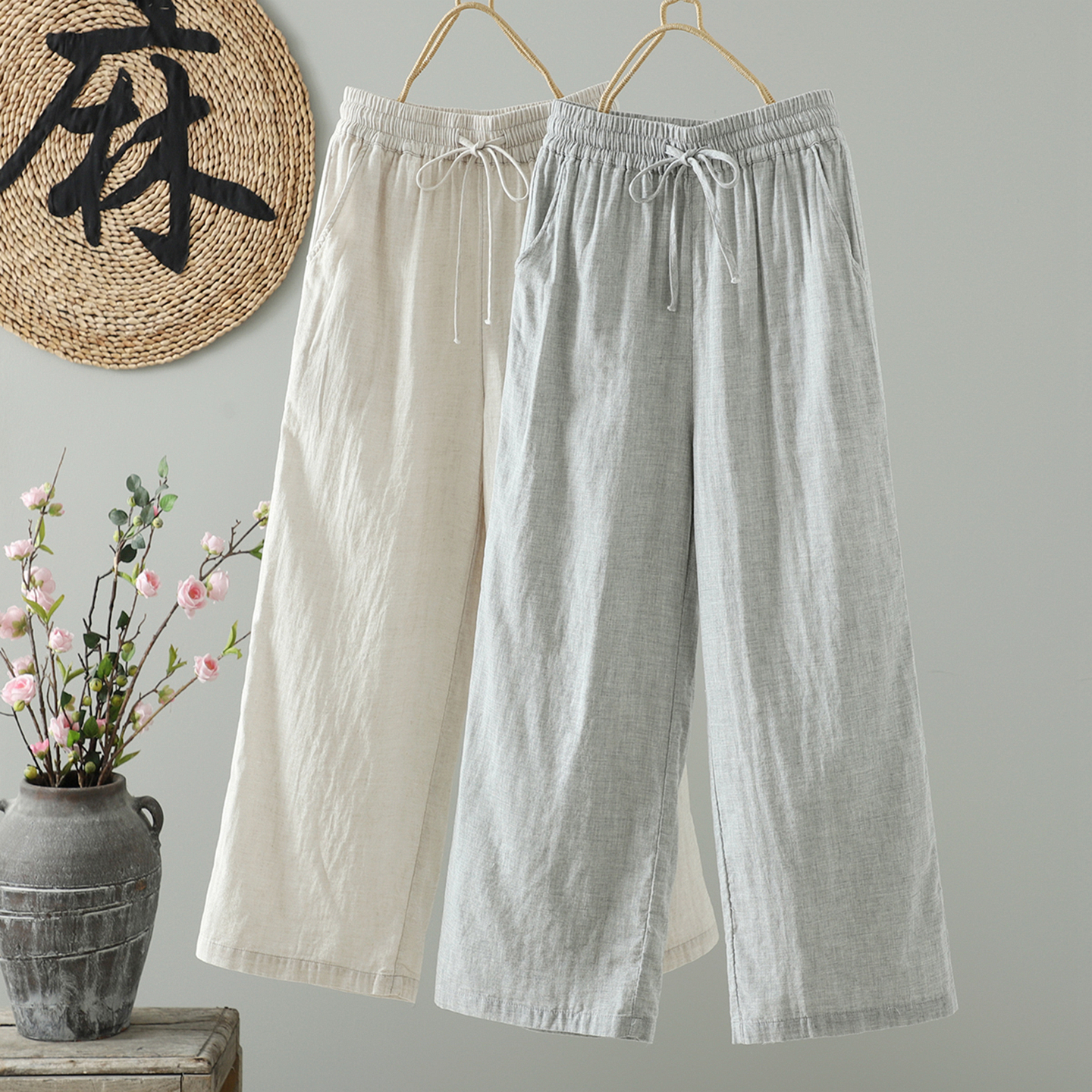 2025夏季文艺小清新气质松紧腰抽绳双层棉纱休闲阔腿裤大码夏凉裤