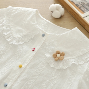 文艺小清新甜美蕾丝刺绣娃娃领立体花朵彩扣纯棉正肩白衬衫 女长袖