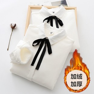潮 打底衫 日系文艺小清新系带蝴蝶结宽松加绒加厚全棉白衬衫 女长袖