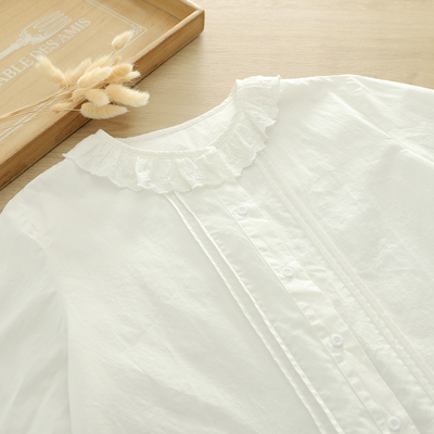 2025春季文艺小清新甜美蕾丝花边圆领纯棉正肩白衬衫女长袖打底衫