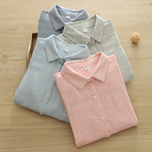 学生大码 打底衫 女长袖 文艺小清新复古格子宽松双层棉纱婴儿棉衬衫