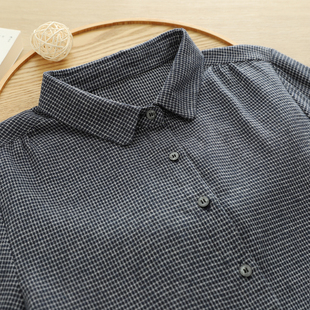 打底衫 女长袖 学生潮 文艺小清新复古格子娃娃领磨毛棉衬衫 2025秋季