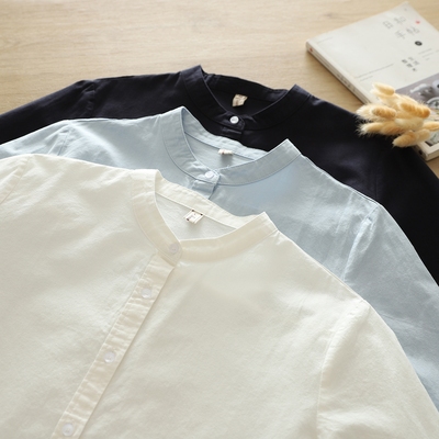 韩范通勤OL风立领纯棉正肩显瘦白衬衫女长袖打底衫学生打底衫大码