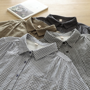 潮 大码 文艺小清新韩范通勤小格子压皱宽松双层棉纱正肩衬衫 女长袖