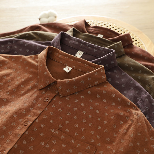 2025春文艺小清新卡通树叶花朵宽松纯棉磨毛宽松衬衫女长袖打底衫