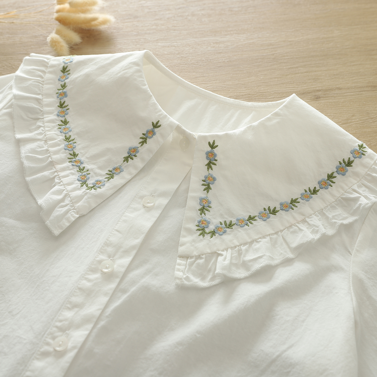 文艺小清新卡通刺绣牵牛花娃娃领纯棉白衬衫女长袖打底衫学生大码