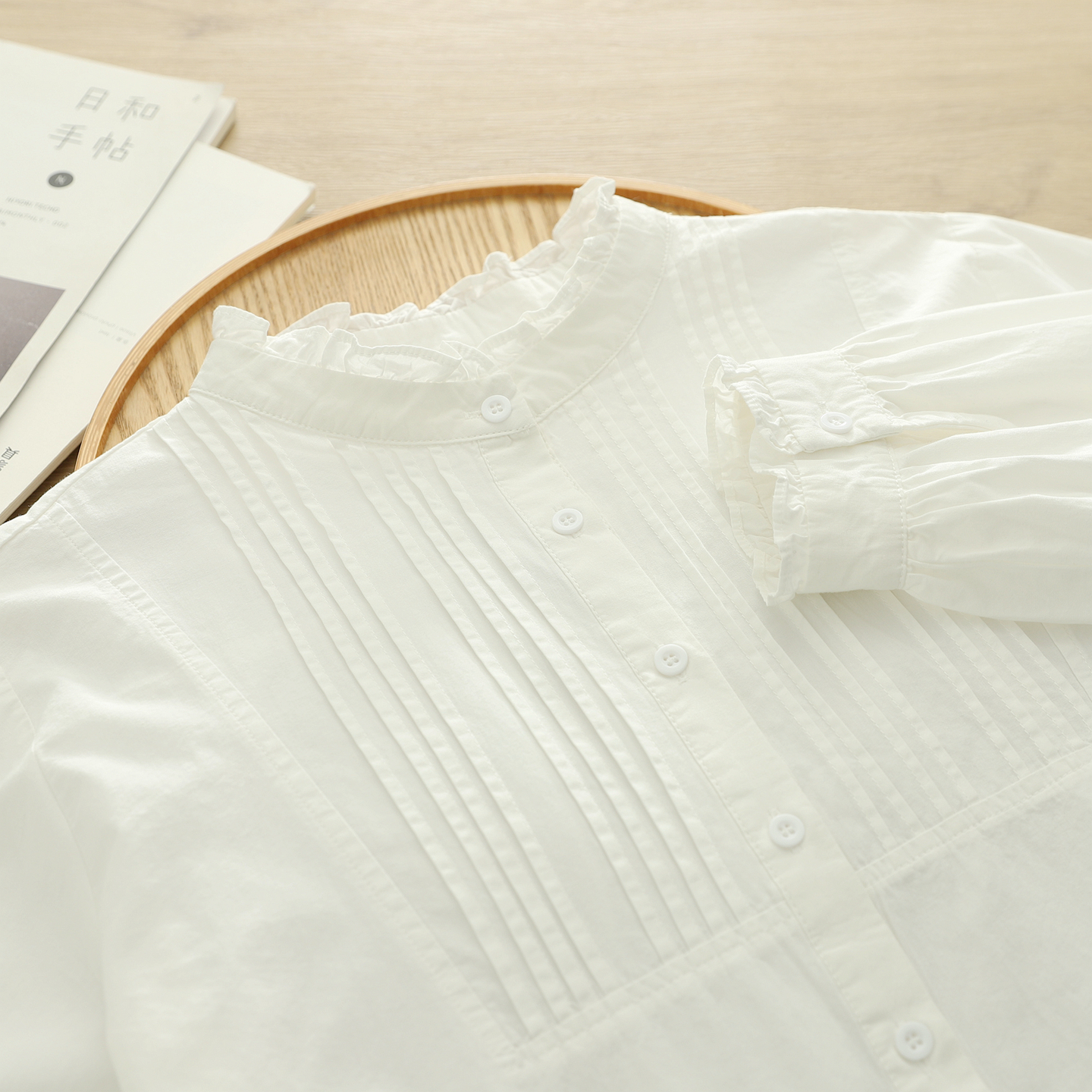 2025秋季文艺小清新木耳花边立领压皱纯棉白衬衫女长袖打底衫通勤