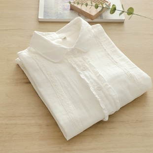 学生潮 打底衫 文艺小清新甜美蕾丝花边娃娃领双层棉纱白衬衫 女长袖