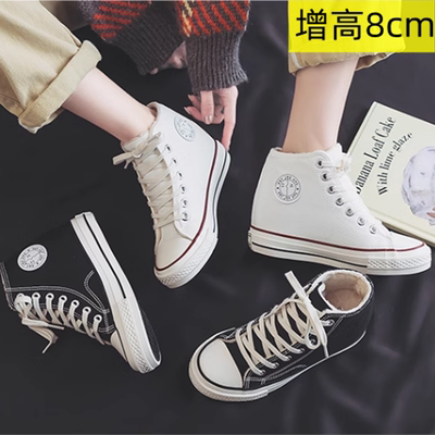 春秋新款隐形内增高8cm厚底松糕底女学生帆布坡跟休闲透气单鞋子
