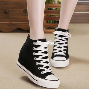 秋季新款韩版黑色内增高7cm帆布鞋高帮坡跟学生休闲百搭系带女鞋