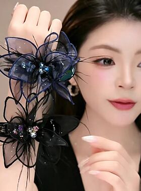 高级感优雅羽毛花朵气质显发量百搭丸子夹新款网纱抓夹后脑勺盘发