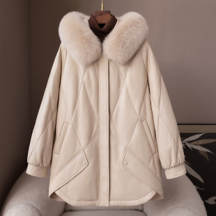 憨厚皇后2025真皮绵羊皮连帽皮羽绒服春季女式狐狸毛领鹅绒服外套