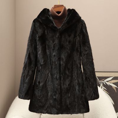 憨厚皇后2025年冬季女装新款连帽拼貂皮草外套中长款保暖裘皮大衣