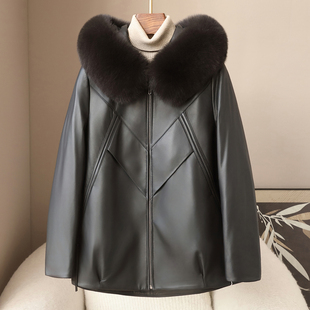 憨厚皇后2025真皮绵羊皮连帽皮羽绒服春季女式狐狸毛领鹅绒服外套