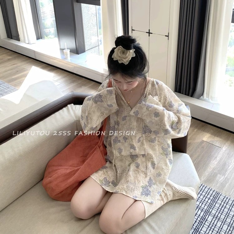 （棉麻版初吻之约）慵懒感碎花小系带宽松长袖衬衫女防晒衬衣C840
