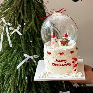 2025圣诞节主题水晶球蛋糕装饰红帽圣诞小熊雪人蜡烛丝带甜品插件