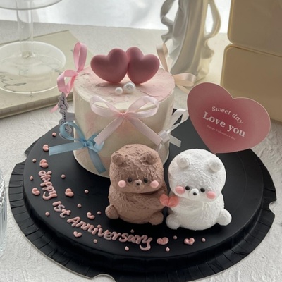 七夕情人节粉色爱心卡片蛋糕装饰插牌软胶爱心熊兔情侣纪念日摆件