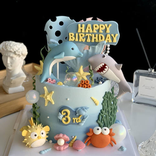 海洋生物世界主题蛋糕装饰摆件海豚鲨鱼鲸鱼海草螃蟹儿童生日摆件