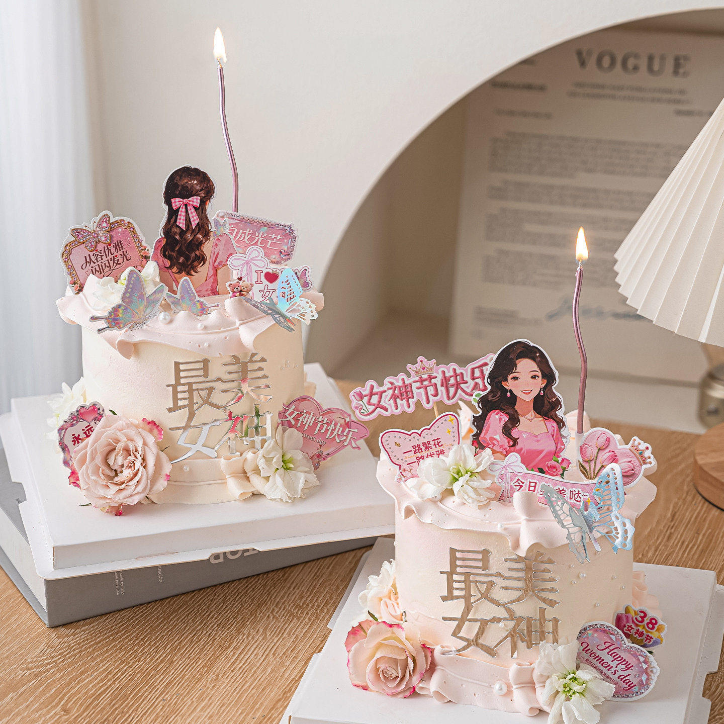 网红38女王节鲜花蛋糕装饰亚克力美丽女神节快乐插牌蝴蝶插件配件