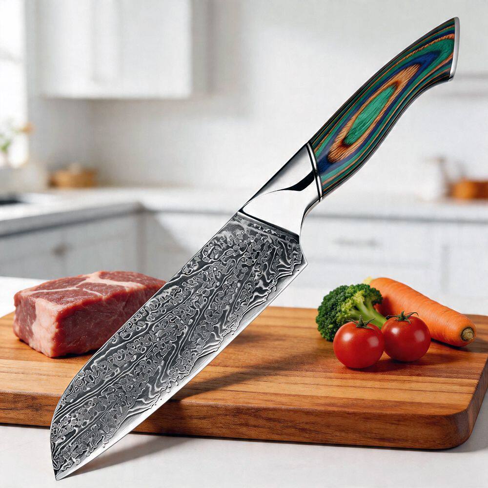彩木柄大马士革钢三德刀高硬度锋利菜刀日式轻薄切片刀专业厨房刀