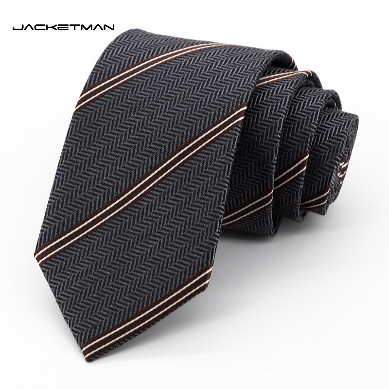 Jacketman领带男韩款窄版咖条纹正装时尚灰色人字纹手打7cm礼盒款