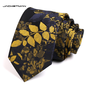 Jacketman男士领带正装商务韩版深蓝色7cm黄色叶子涂鸦艺术复古款