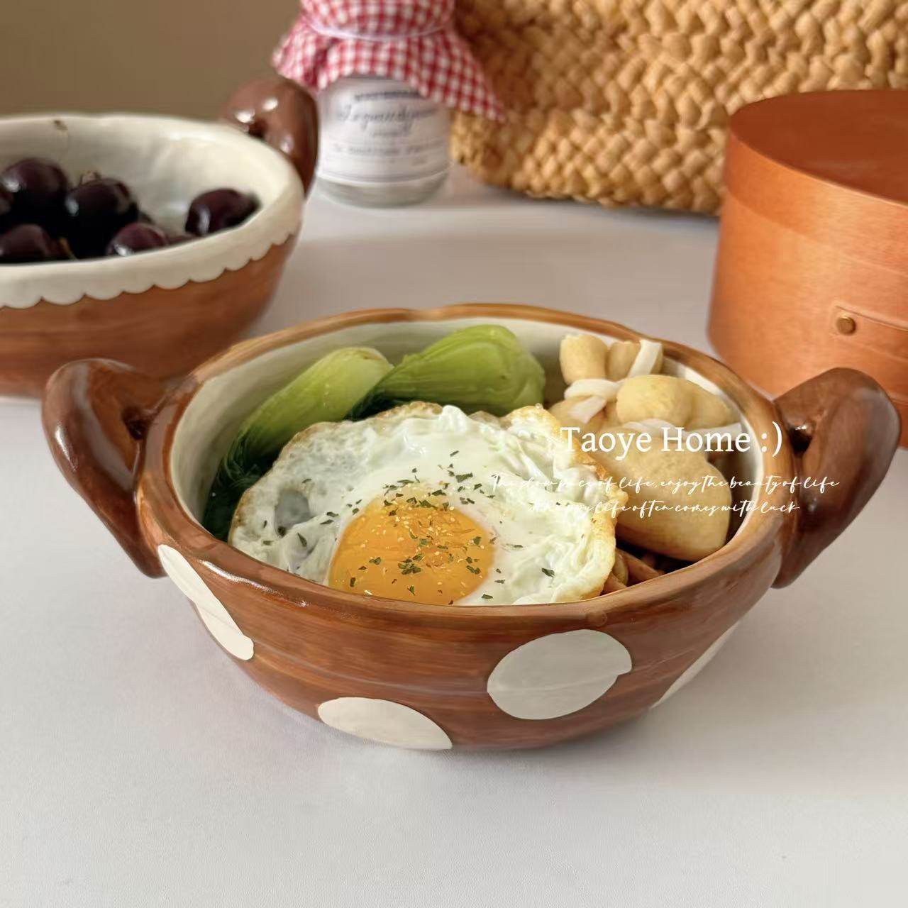 复古日式粗陶手作波点陶瓷双耳碗面碗汤碗高颜值沙拉盖饭碗餐具,餐饮具,碗,淘宝优惠券,粉丝福利购,淘宝优惠卷