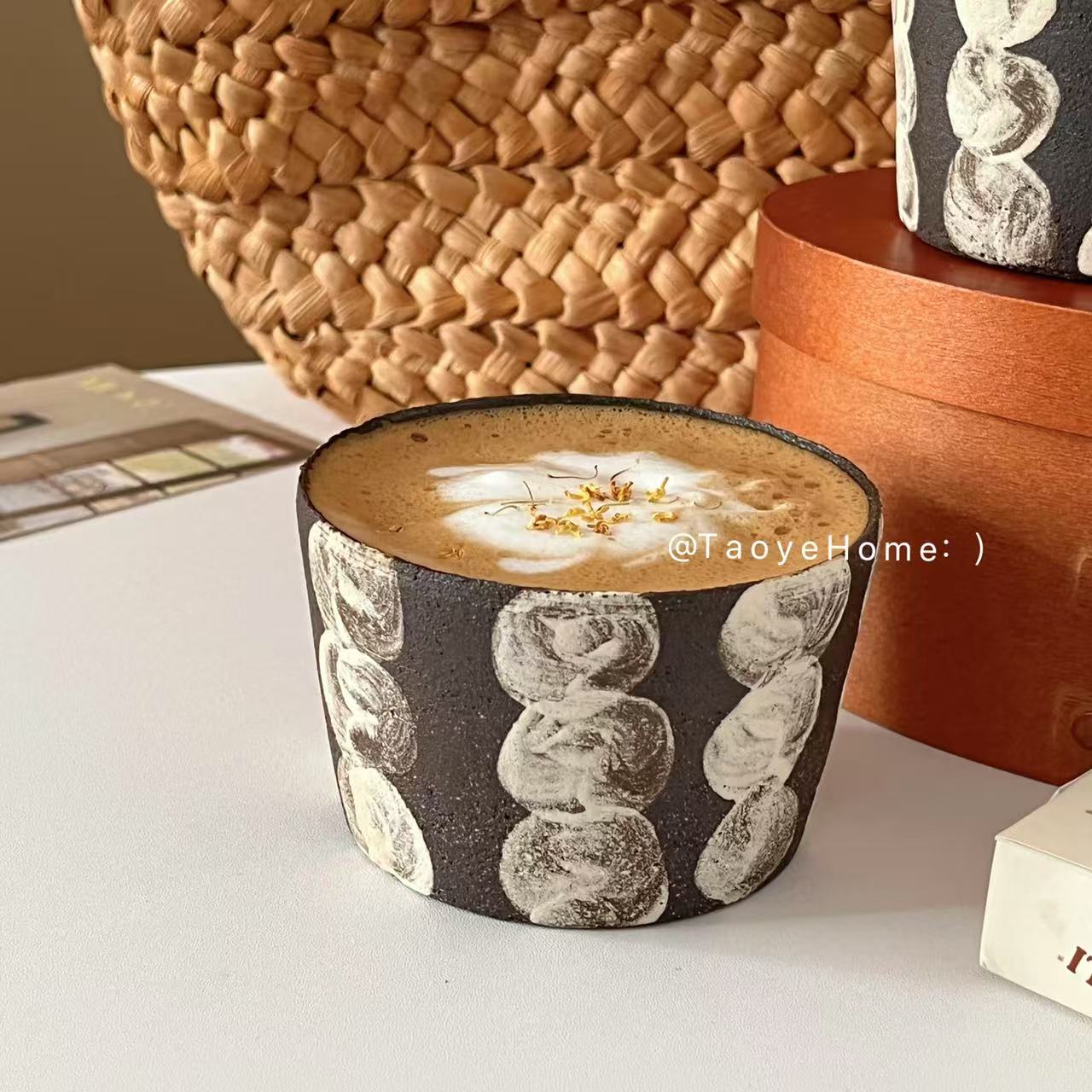 景德镇粗陶复古手作波点咖啡杯猪口杯手握杯高颜值杯子拿铁拉花杯