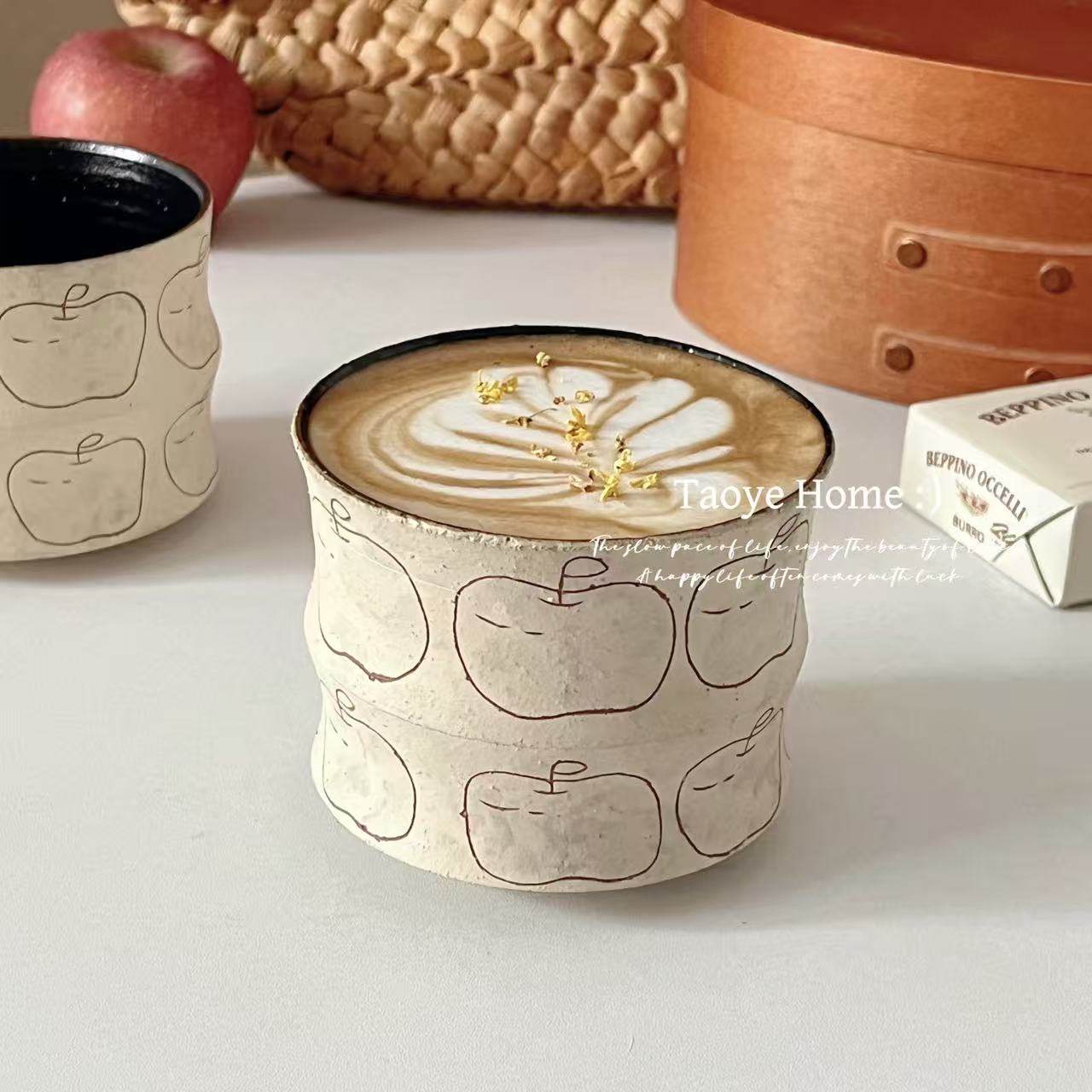 景德镇粗陶手作复古苹果咖啡杯猪口竹节杯手握杯拉花杯高颜值杯子