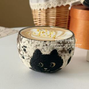 景德镇粗陶手作可爱黑猫蛋杯咖啡杯高颜值杯子小众手握拿铁拉花杯