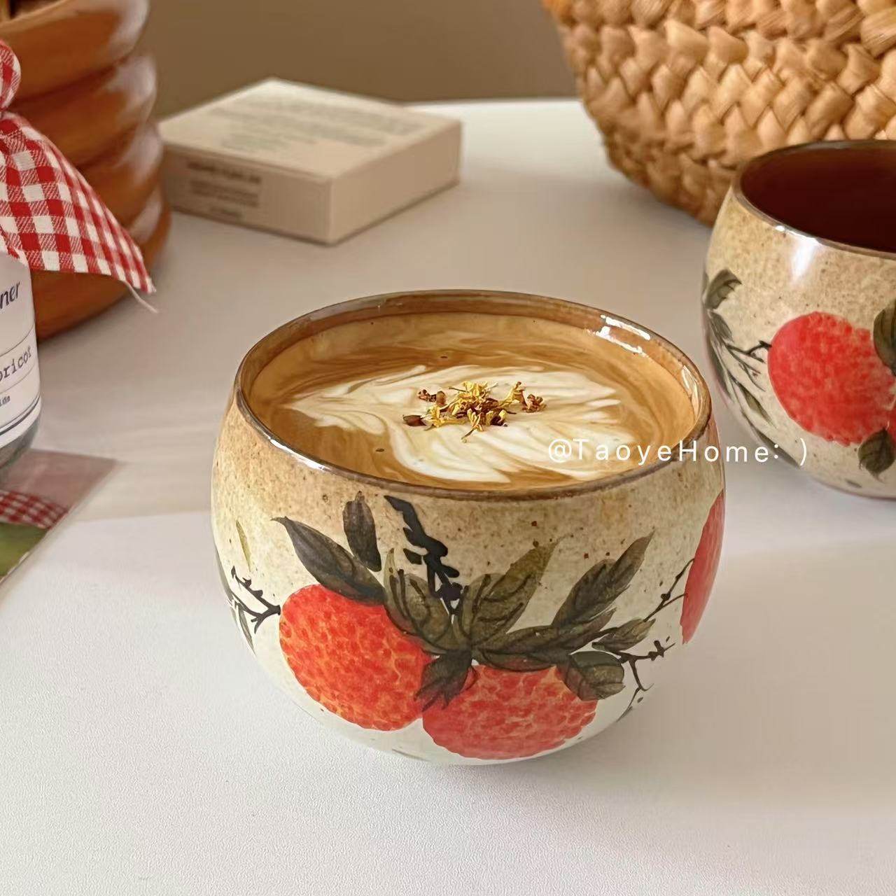 景德镇复古粗陶手作粗陶荔枝蛋杯釉下彩咖啡杯手握杯子拿铁拉花杯