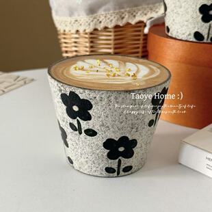 景德镇手绘釉下彩复古黑白小花咖啡杯手握拿铁拉花杯子猪口杯礼物