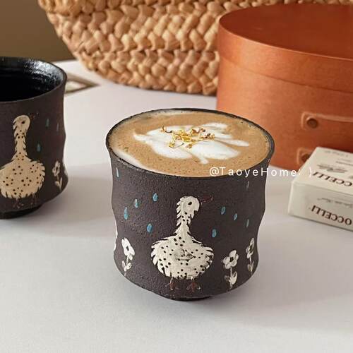 复古景德镇粗陶手绘咖啡杯竹节杯
