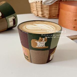 景德镇手作釉下彩拼格猫咪咖啡杯猪口杯拿铁拉花杯子可爱手握杯