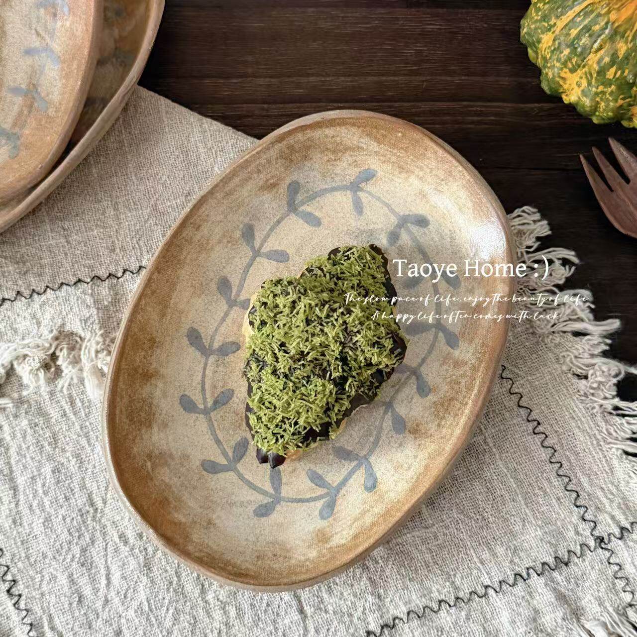 复古枝蔓粗陶手作不规则椭圆盘子景德镇漂亮餐具西餐盘甜品早餐盘