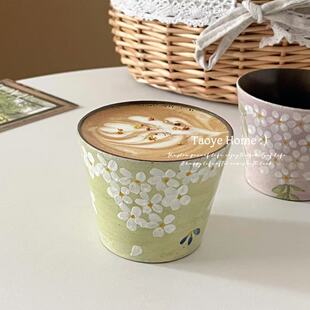 景德镇手绘釉下彩油画风手握杯花朵猪口杯咖啡杯拿铁拉花杯主人杯