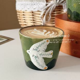景德镇复古粗陶手绘飞鸟紫砂猪口杯拿铁杯马克杯高颜值小众杯子