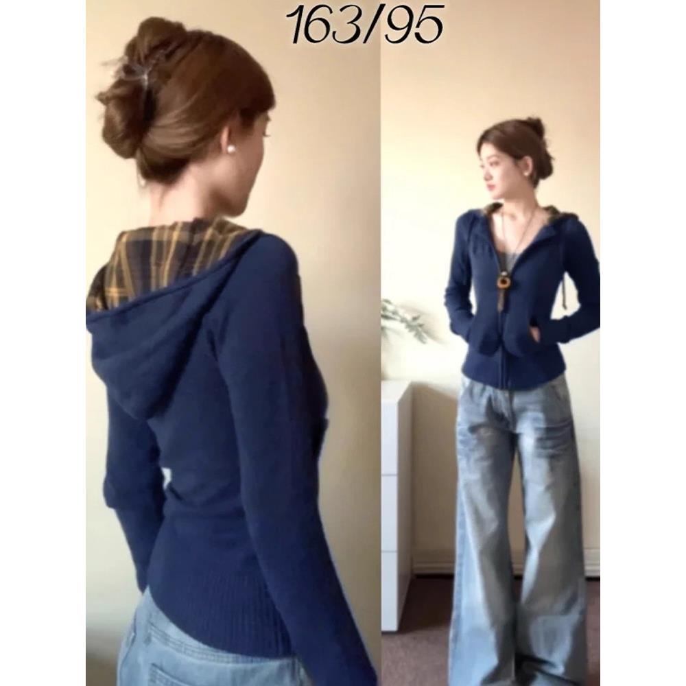 藏蓝色修身卫衣外套女早秋美式复古拼接格子收腰上衣设计感连帽衫