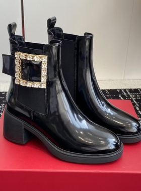 牛货~2026新款rv漆皮切尔西靴女侧钻扣方扣粗跟马丁靴百搭靴子女