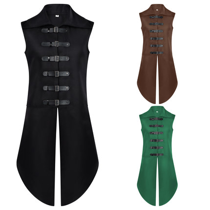 亚马逊wish新款男装立领无袖皮扣马甲中世纪文艺复兴圣骑士马甲