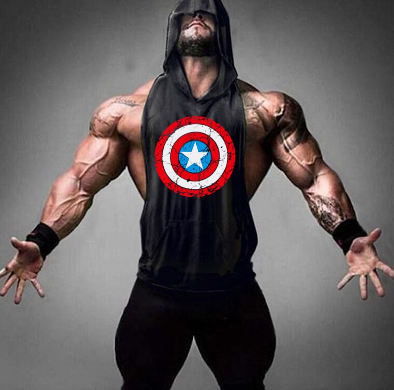 2019外贸 深挖健美连帽坎肩潮人型男夏健身头骨队长背心T恤