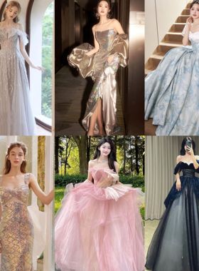 晚礼服女2024新款高级感蓝色仙气公主一字肩主持人生日礼服租赁