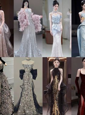 黑色晚礼服裙女宴会气质高级2024轻奢小众亮片抹胸年会服装租赁