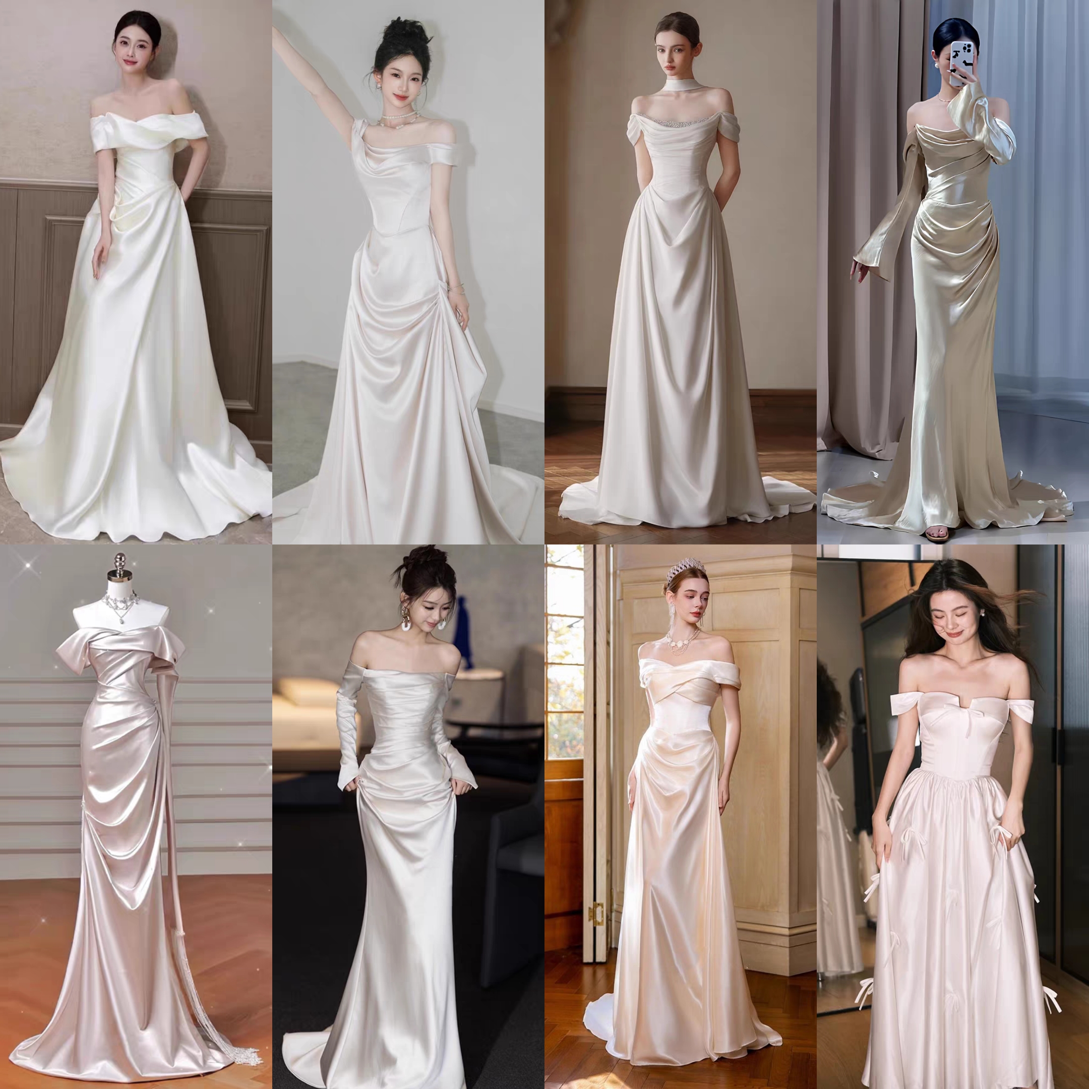 出租法式缎面新娘高级感复古小众森系出门纱一字肩订婚白色礼服